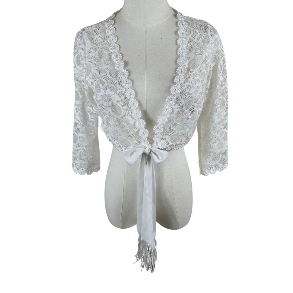 White Lace Bolero Shrug Womens XL Tie Front Coquette Floral Bridal Cover Up